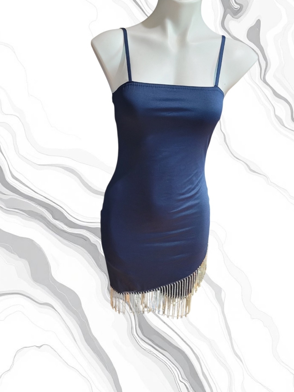 Navy Slip Dress with Silver Fringe